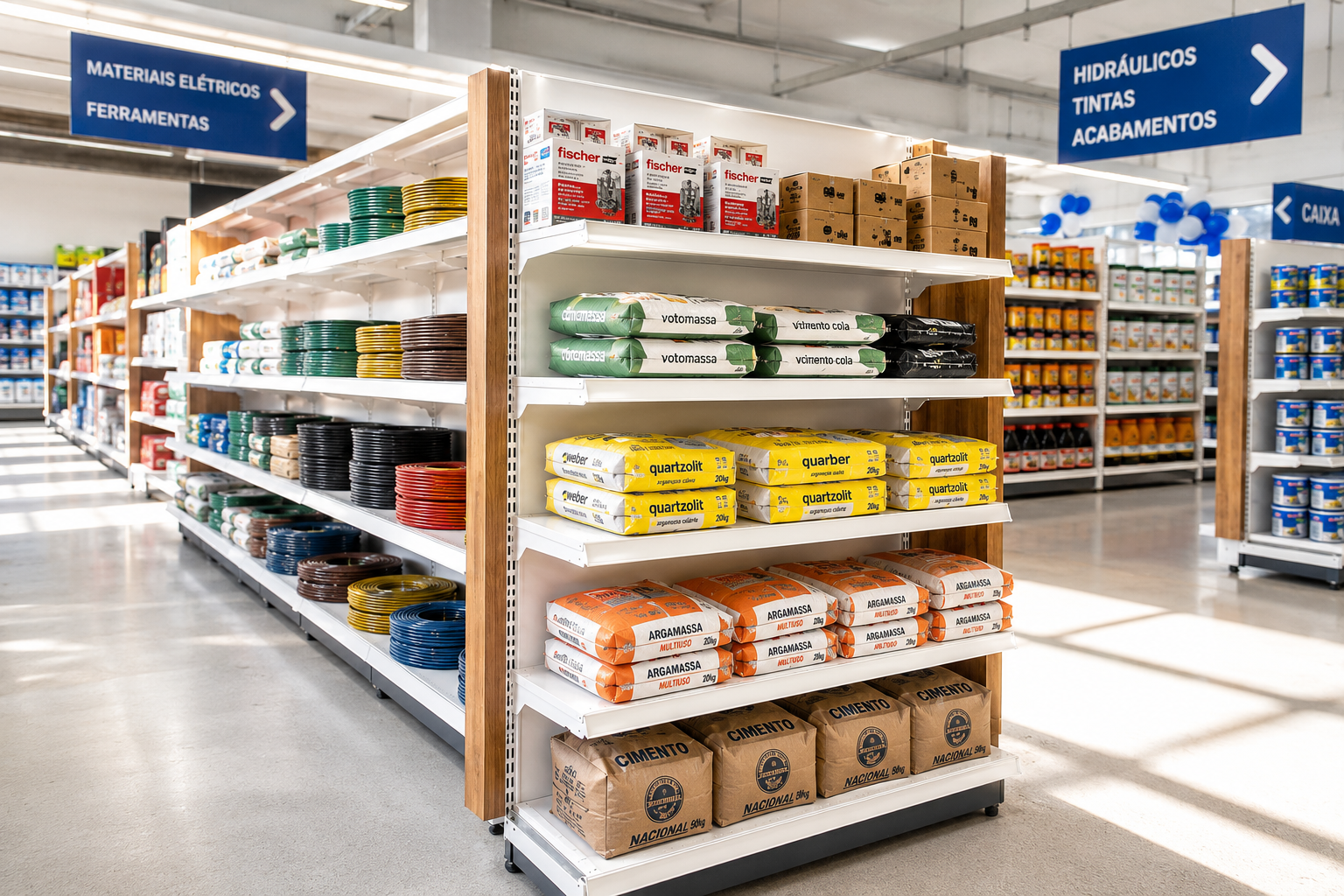 Gôndolas de material de construção com produtos organizados