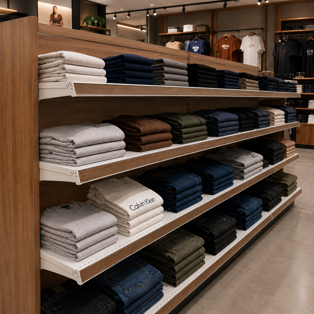 Loja têxtil com prateleiras de madeira e roupas organizadas