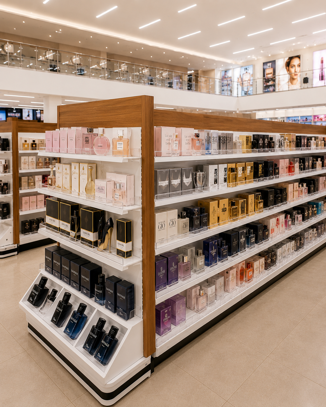 Loja de perfumaria com vitrines em vidro e madeira