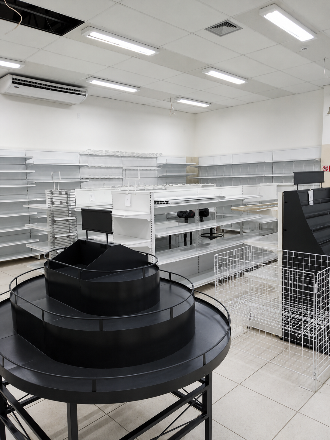 Loja recém-montada com estruturas brancas e ilhas pretas